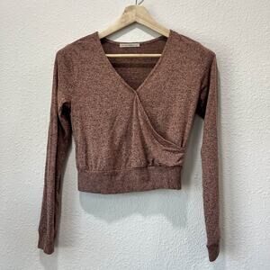 Active USA Womens Small Pink Mauve Faux Wrap Cropped Long Sleeve Sweater